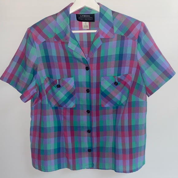 vintage 80s/90s Women’s Lyndal Aus Made bright check short sleeve blouse size 16 - Picture 8 of 12